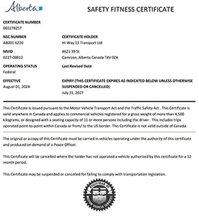Alberta - Safety Fitness Certificate